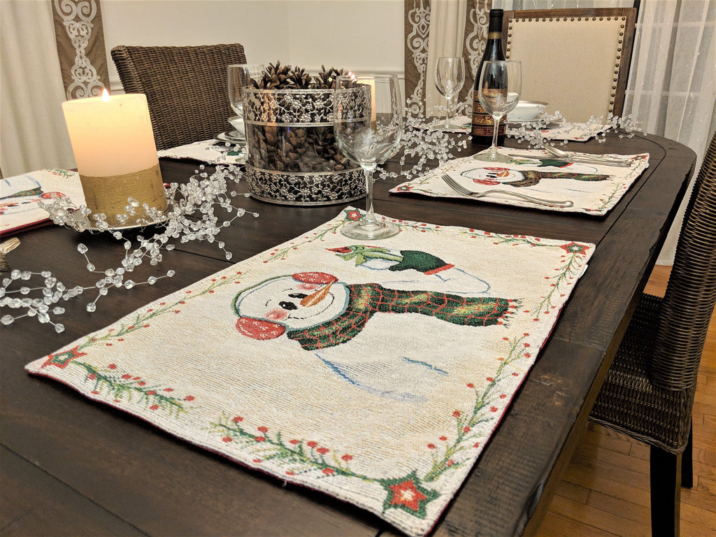DaDa Bedding Set of 8 Pieces Magical Snowman Holiday Table Tapestry - 4 Placemats, 2 Table Runners, 2 Throw Pillow Covers (9733)