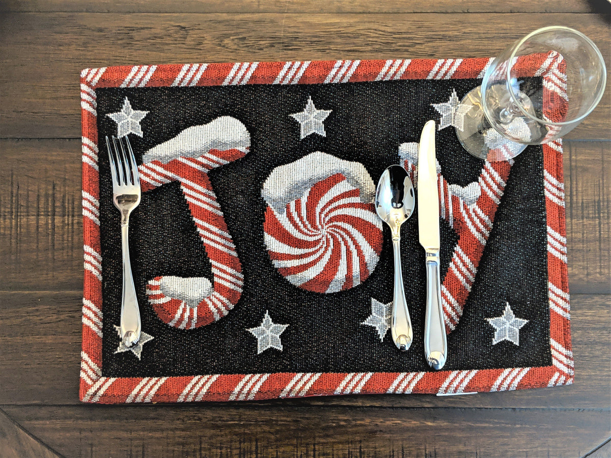 DaDa Bedding Set of 8 Pieces Peppermint Joy Holiday Table Tapestry - 4 Placemats, 2 Table Runners, 2 Throw Pillow Covers (12904)