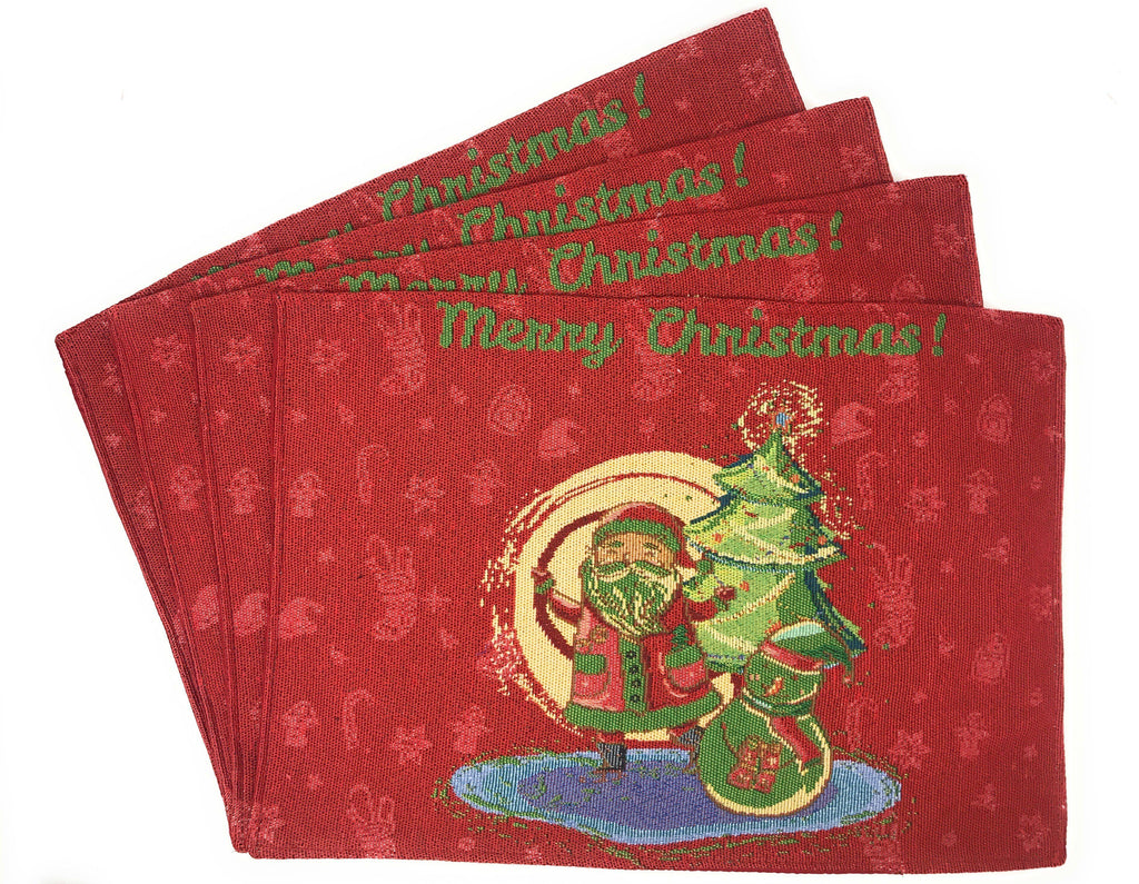 DaDa Bedding Set of 8 Pieces Red Santa Claus Holiday Table Tapestry - 4 Placemats, 2 Table Runners, 2 Throw Pillow Covers (17615)