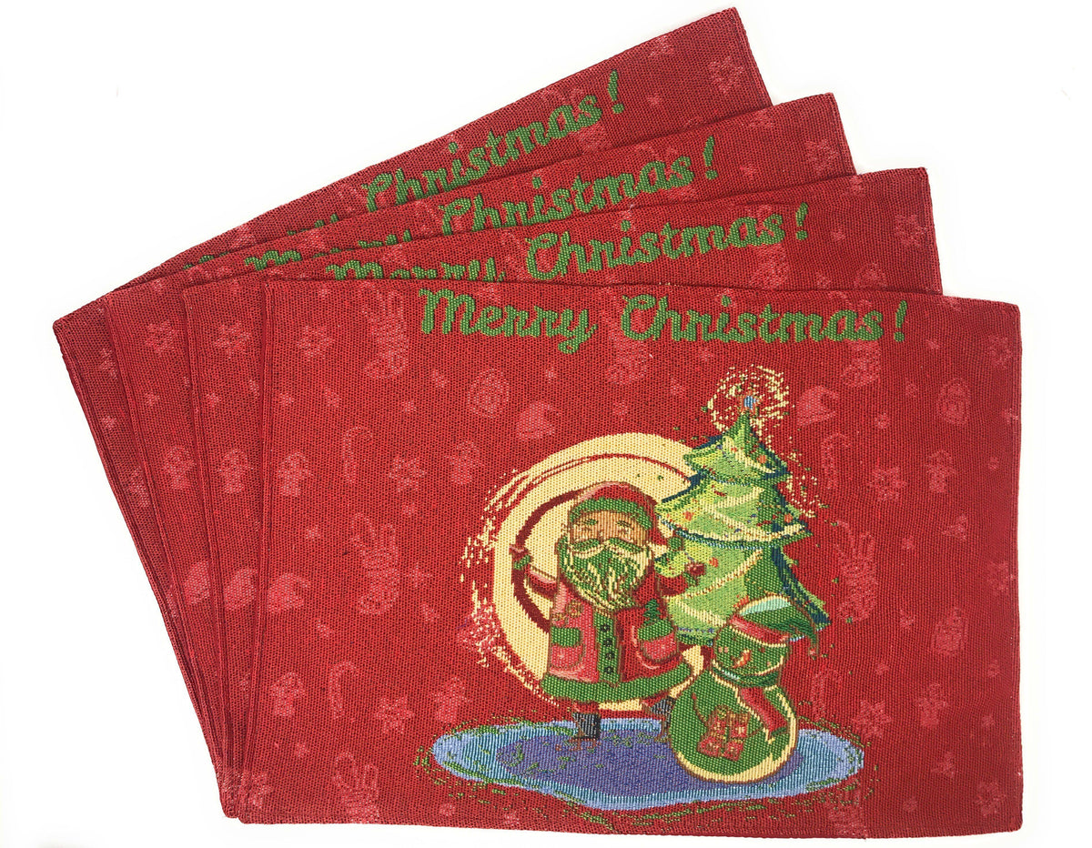 DaDa Bedding Set of 8 Pieces Red Santa Claus Holiday Table Tapestry - 4 Placemats, 2 Table Runners, 2 Throw Pillow Covers (17615)