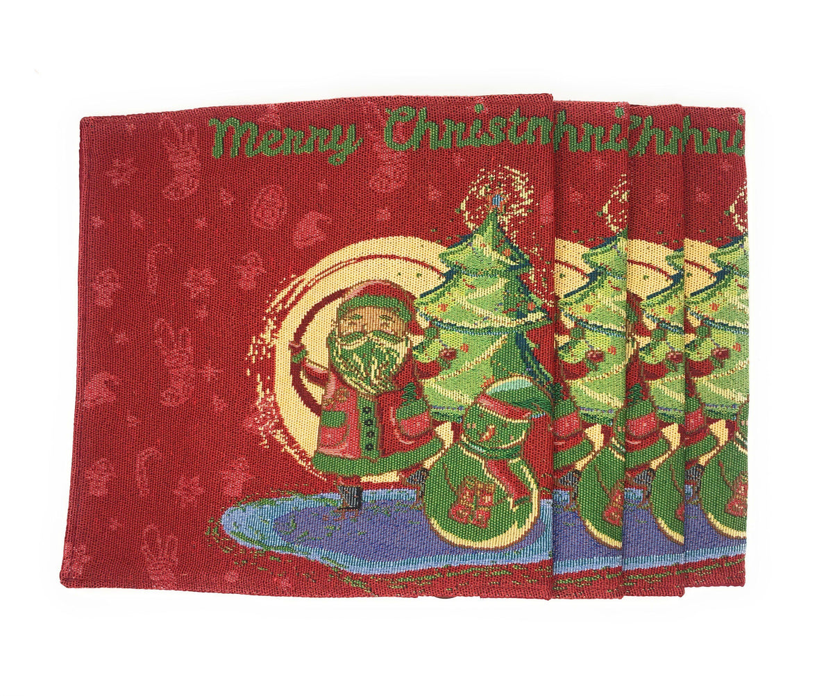 DaDa Bedding Set of 8 Pieces Red Santa Claus Holiday Table Tapestry - 4 Placemats, 2 Table Runners, 2 Throw Pillow Covers (17615)