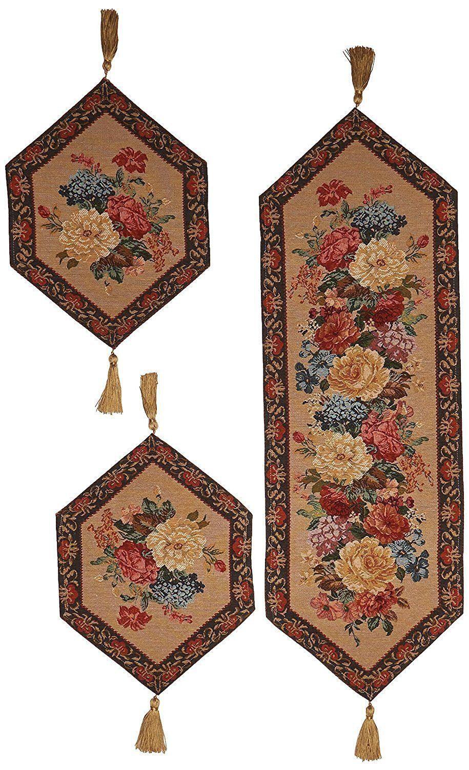 DaDa Bedding Set of 3-Pieces - Breath of Spring Floral Beige Woven Dining Tapestry Table Runners (3089)