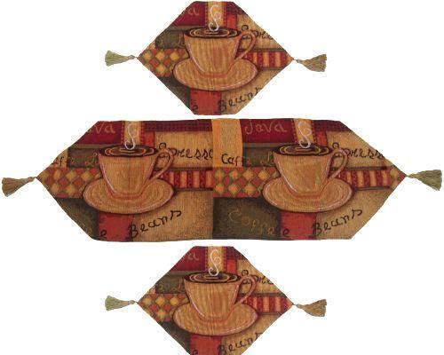 DaDa Bedding Set of 3-Pieces - Smell of Coffee Café Cup Orange Brown Woven Tapestry Dining Table Runners (9912)