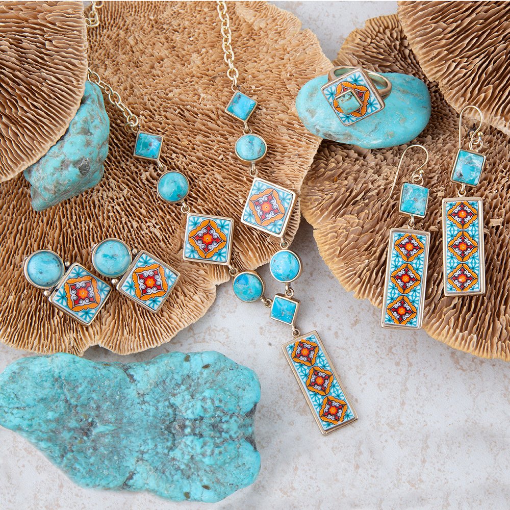 Talavera Tile Blue Turquoise Golden Ring