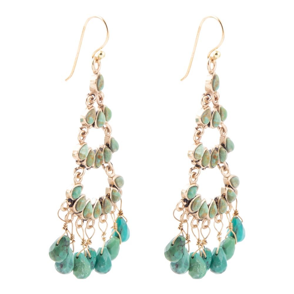 Triple the Blue Turquoise Golden Chandelier Earrings
