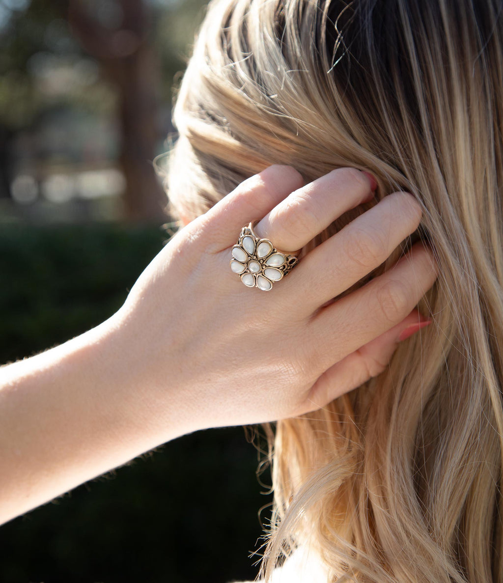 White Hibiscus Mother of Pearl and Golden Ring