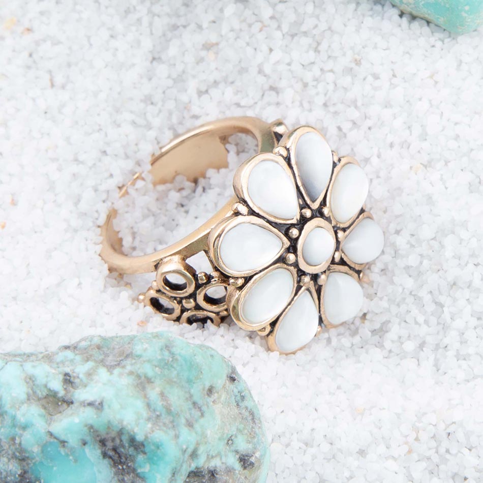 White Hibiscus Mother of Pearl and Golden Ring